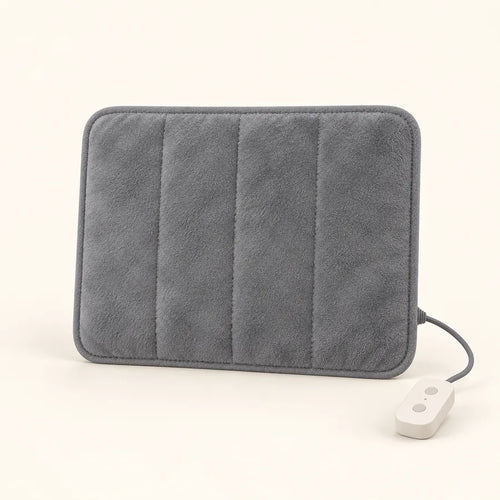 A standard flat gray heating pad with a wired hand controller.