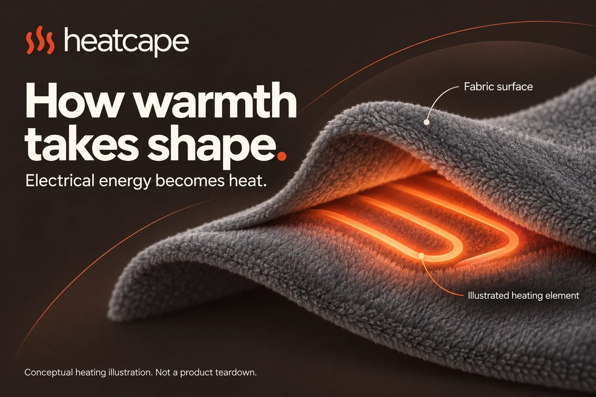 Conceptual illustration: a lifted corner of gray plush fabric with a glowing heating element drawn beneath.