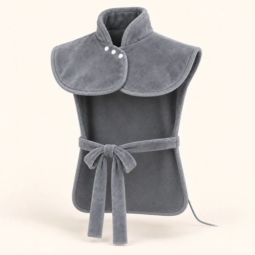 The gray Heatcape wrap, front view: upright collar with three snaps, shoulder yoke, back panel and front tie.