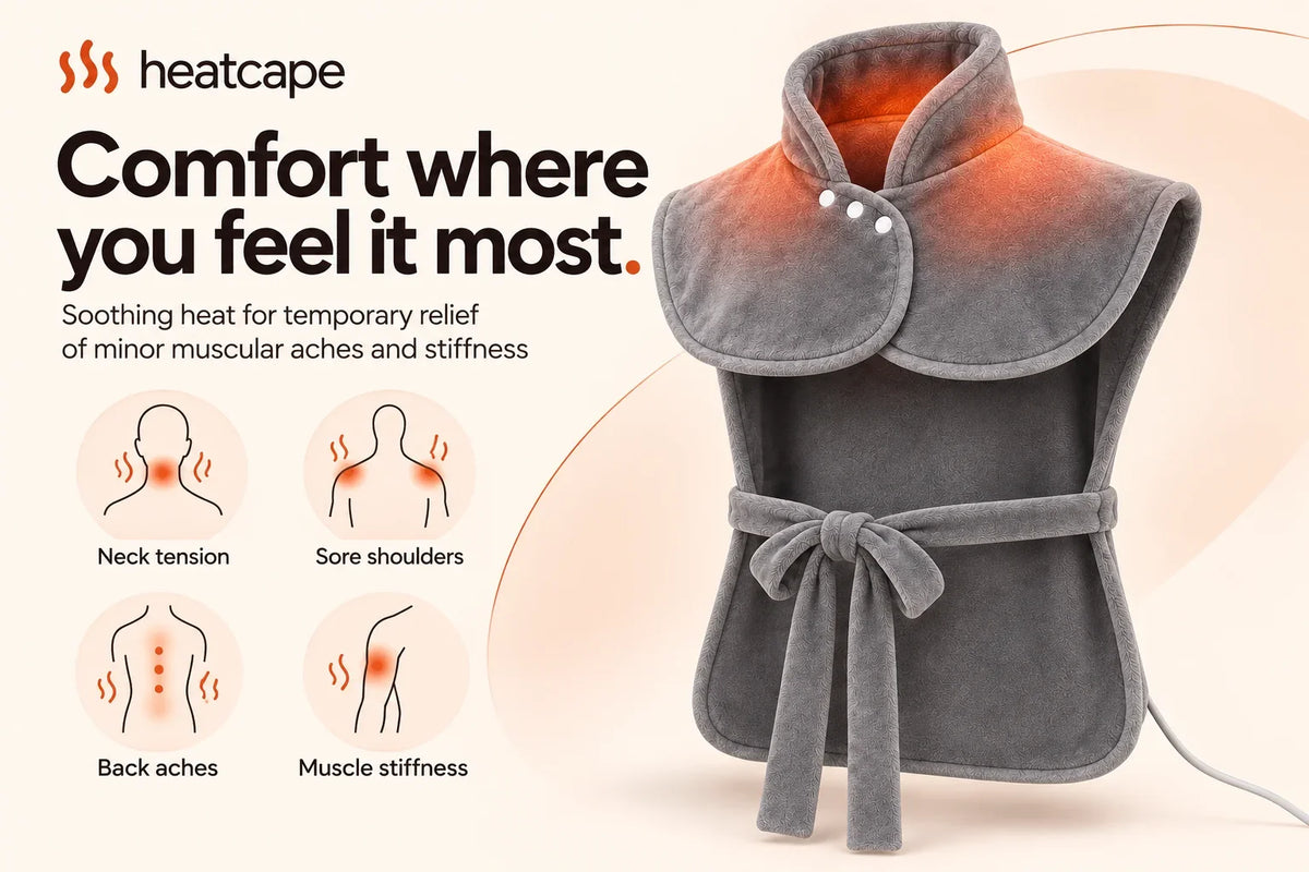 Front view of the Heatcape wrap with a warm glow at the collar, beside four small icons for neck tension, sore shoulders, back aches and muscle stiffness.