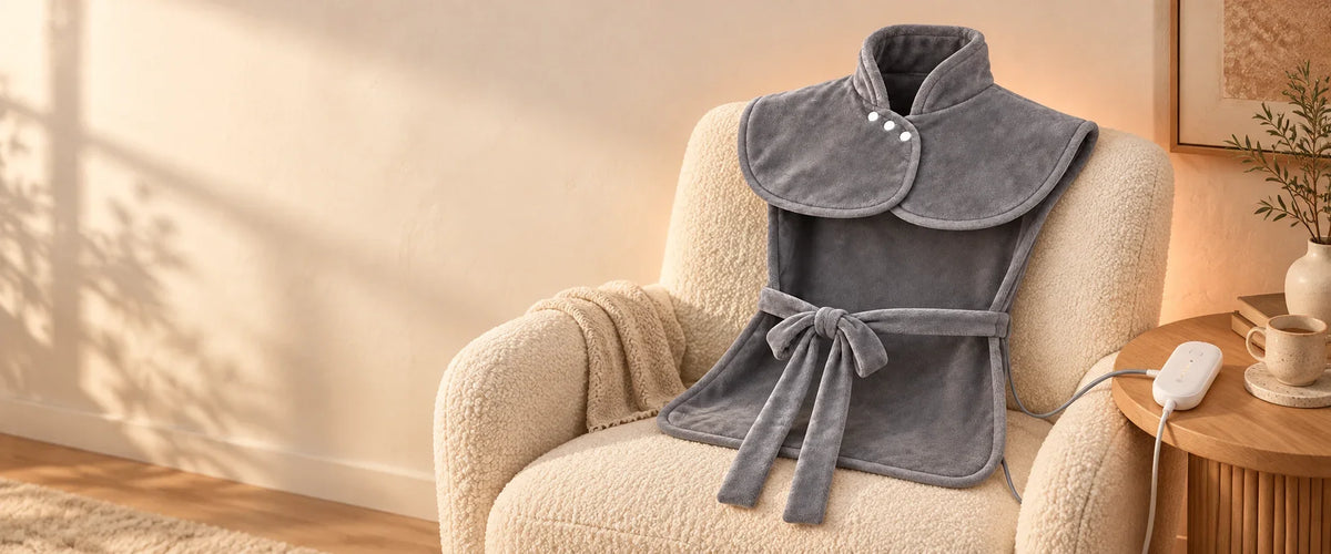 The gray Heatcape wrap draped over a cream armchair in a sunlit living room, its wired controller on the side table.