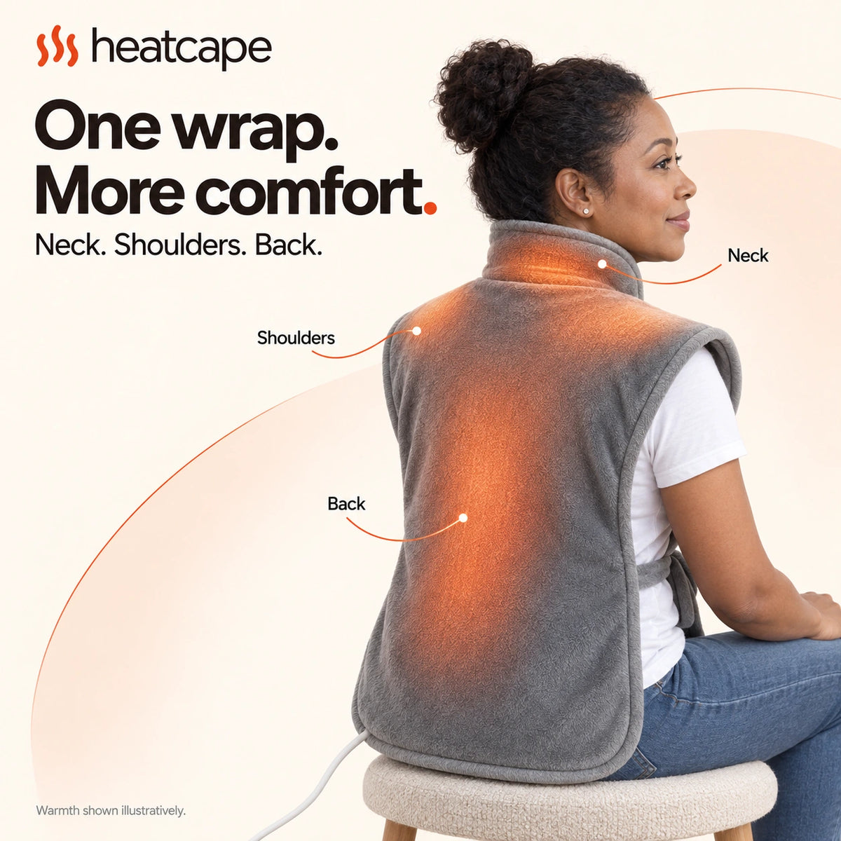 A seated woman from behind wearing the wrap; callouts mark the neck, shoulders and back.