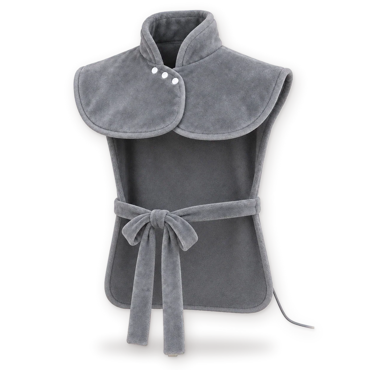 The gray Heatcape wrap, front view: upright collar with three snaps, shoulder yoke, open sides, front waist tie and the back panel behind.