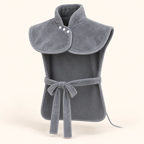 Front view of the gray Heatcape wrap: upright collar with three white snaps, open sides and a narrow front tie.