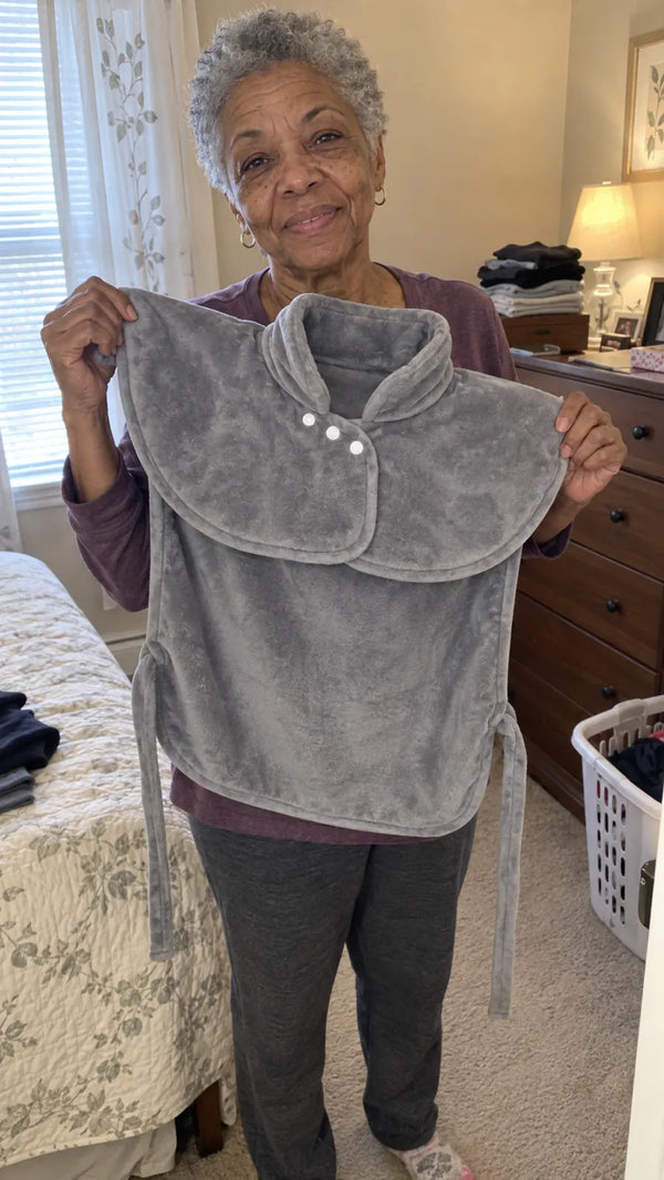 A smiling woman in her bedroom holding up the Heatcape wrap to show the collar, snaps and ties, a laundry basket beside her.