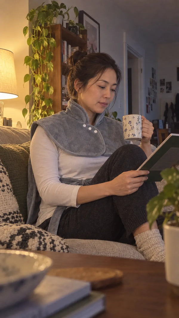 A woman on her couch reading a tablet with a mug in hand, wearing the gray Heatcape wrap.