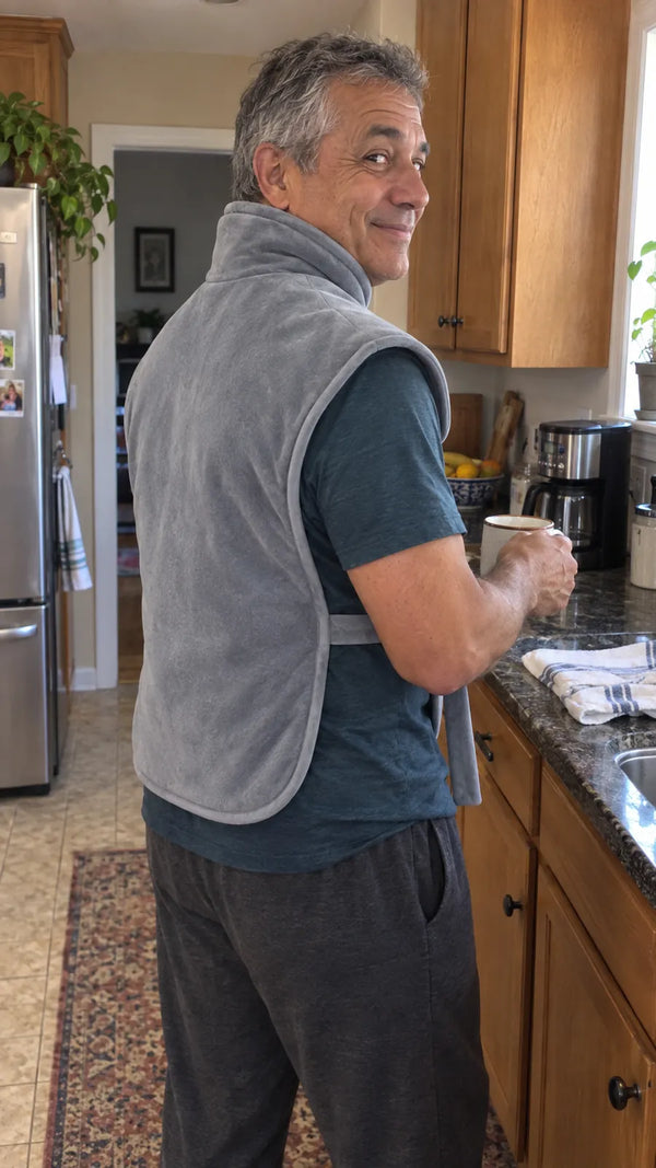 A man in his kitchen seen from behind, mug in hand, the Heatcape wrap covering his back.